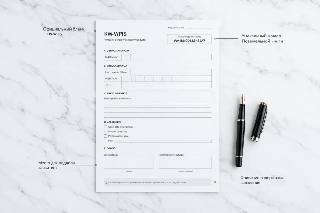 Образец заполнения формы KW-WPIS 2026: ключевые поля для регистрации права собственности