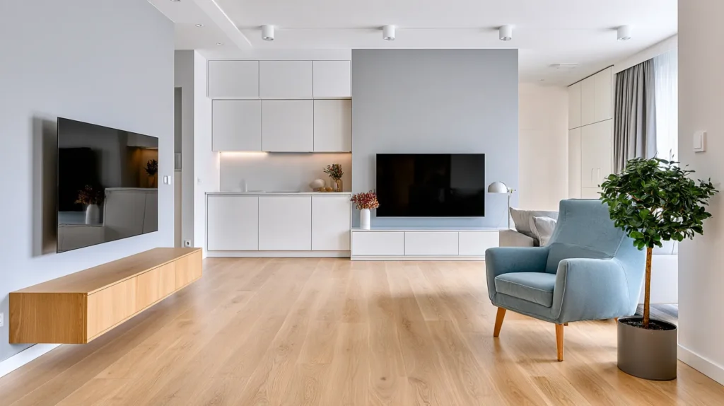 Minimalist living room of a renovated Warsaw investment property featuring bright natural light and light wood accents