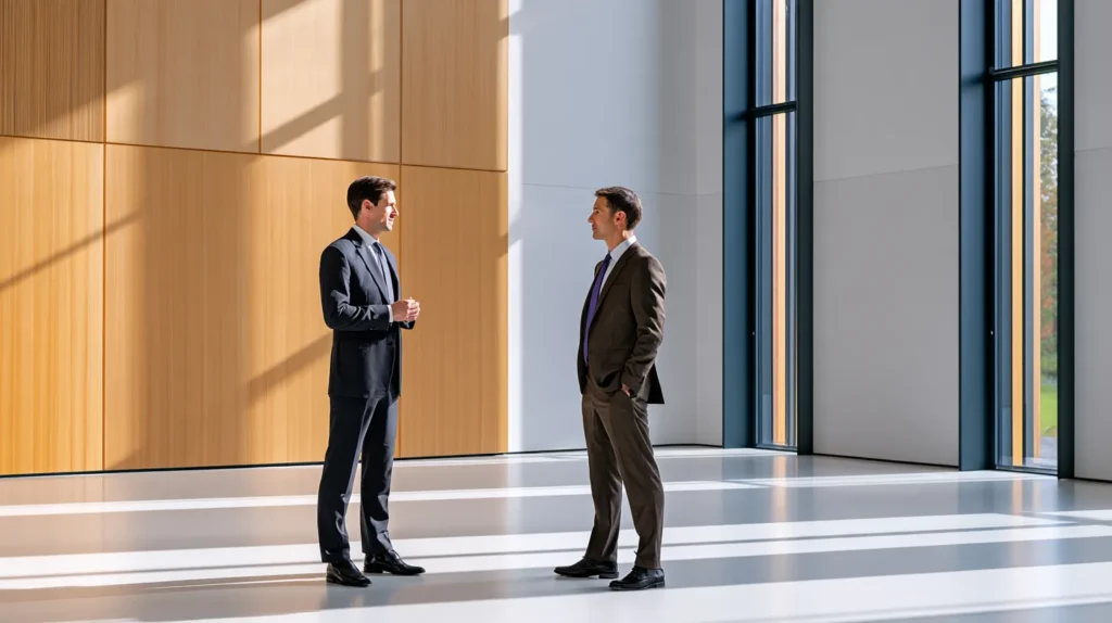 Real estate consultant discussing Warsaw market strategy with an investor in a minimalist daylight office
