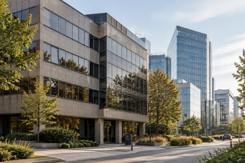 1990s office building next to a newer development, illustrating how older stock loses competitiveness.