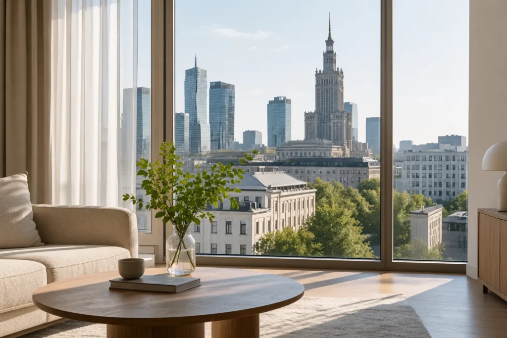 Bright, minimalist interior with a view over central Warsaw, symbolising a well-chosen long-term property asset.