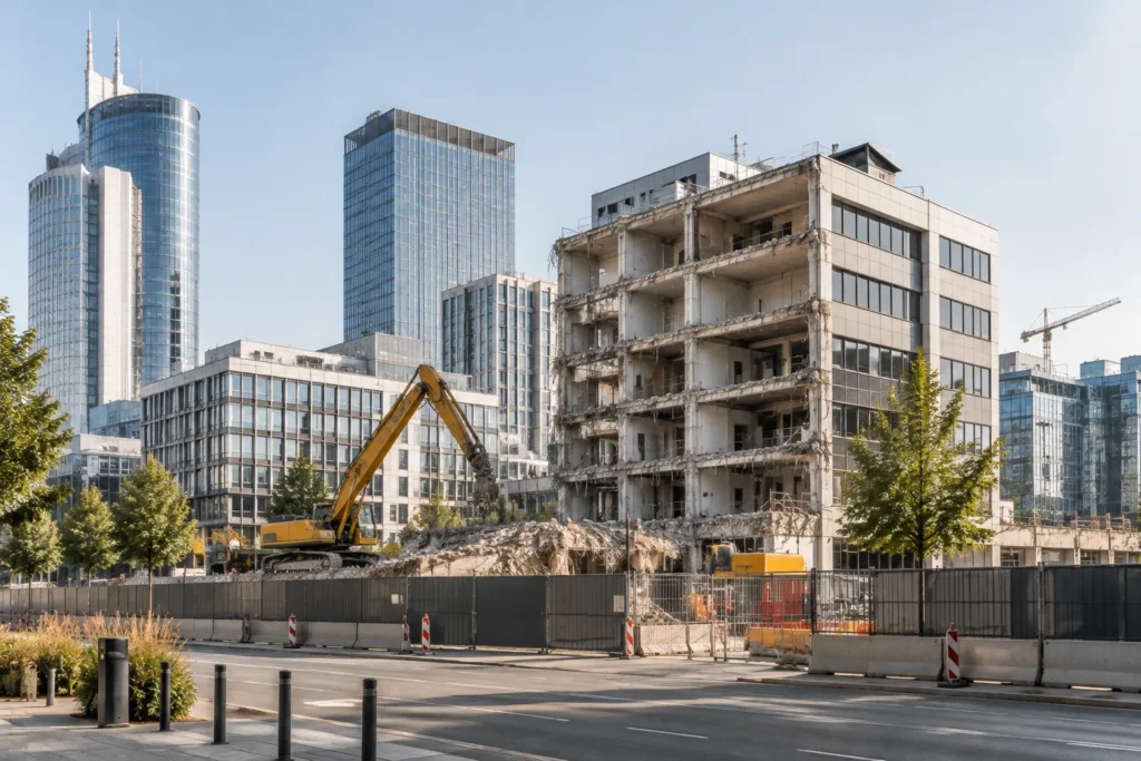 Former office building undergoing demolition or conversion in Warsaw, showing obsolete stock leaving the market.