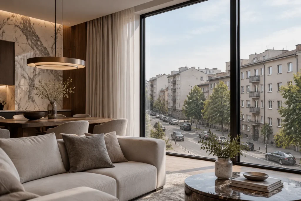 Minimalist interior with premium finishes, used to illustrate the difference between luxury specification and prime location.