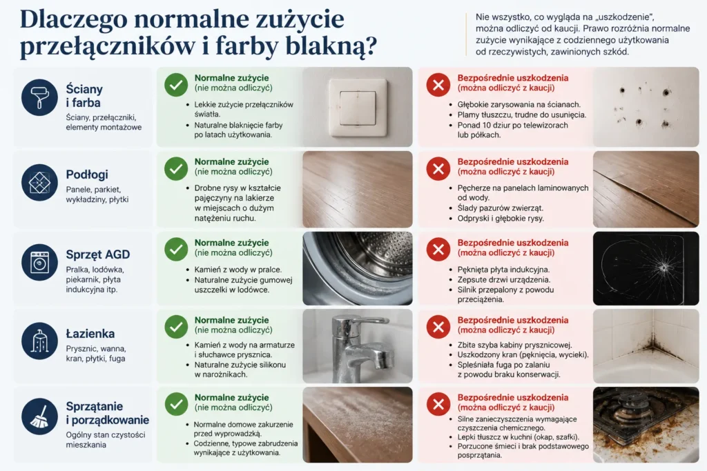 Porównanie normalnego zużycia mieszkania i uszkodzeń podlegających potrąceniu z kaucji