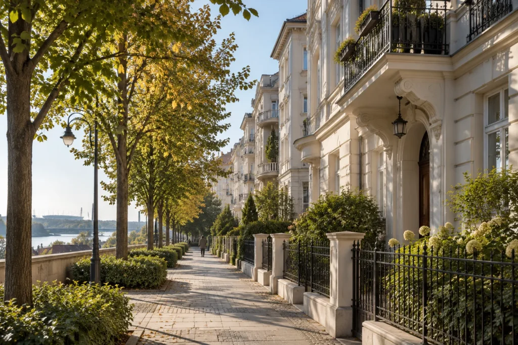 Quiet, tree-lined street with restored historic apartment buildings in a central Warsaw neighbourhood.