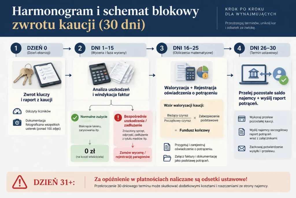 Harmonogram i procedura zwrotu kaucji za najem mieszkania w ciągu 30 dni – infografika Piętra