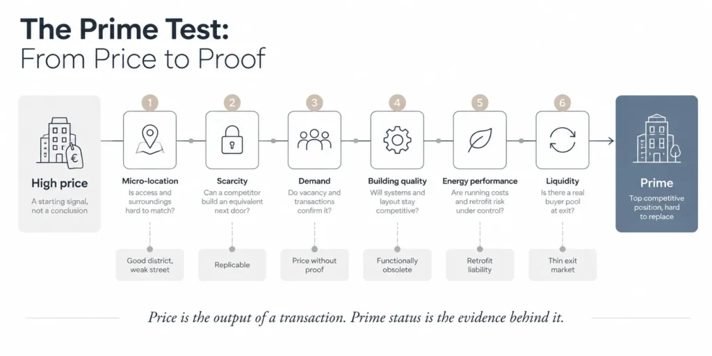 Diagram showing six tests a high-priced property must pass to qualify as prime real estate: micro-location, scarcity, demand, building quality, energy performance and liquidity.